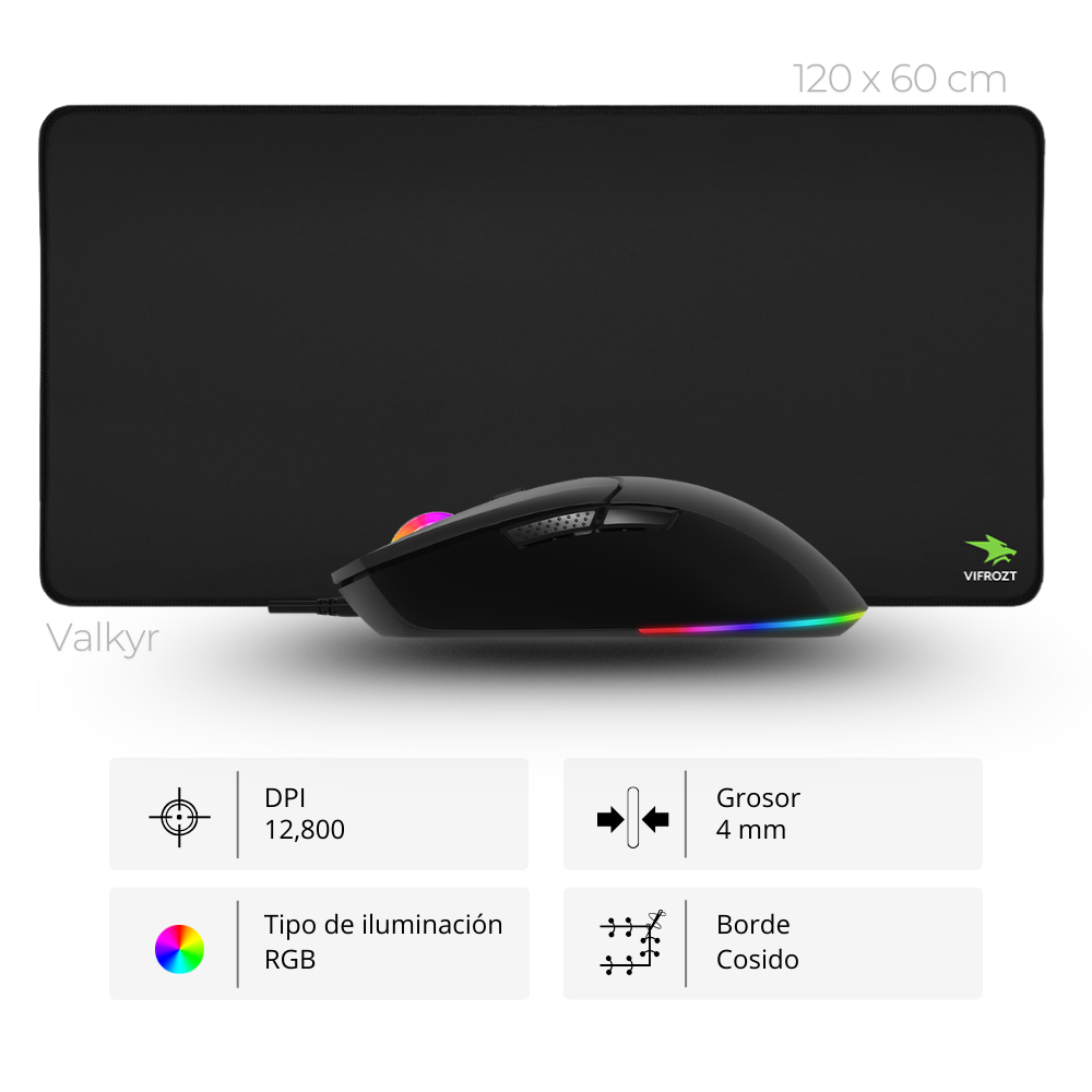 Combo Valkyr + Mousepad 3xl Combo Vifrozt Mouse Gamer + Mousepad Valhala 3XL 120x60 cm Negro - Imagen 1